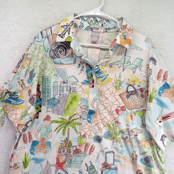 Chico's Shirt Womens Size 14 No-Iron Chic Stretch Beach Travel Print Tunic - Picture 2 of 10